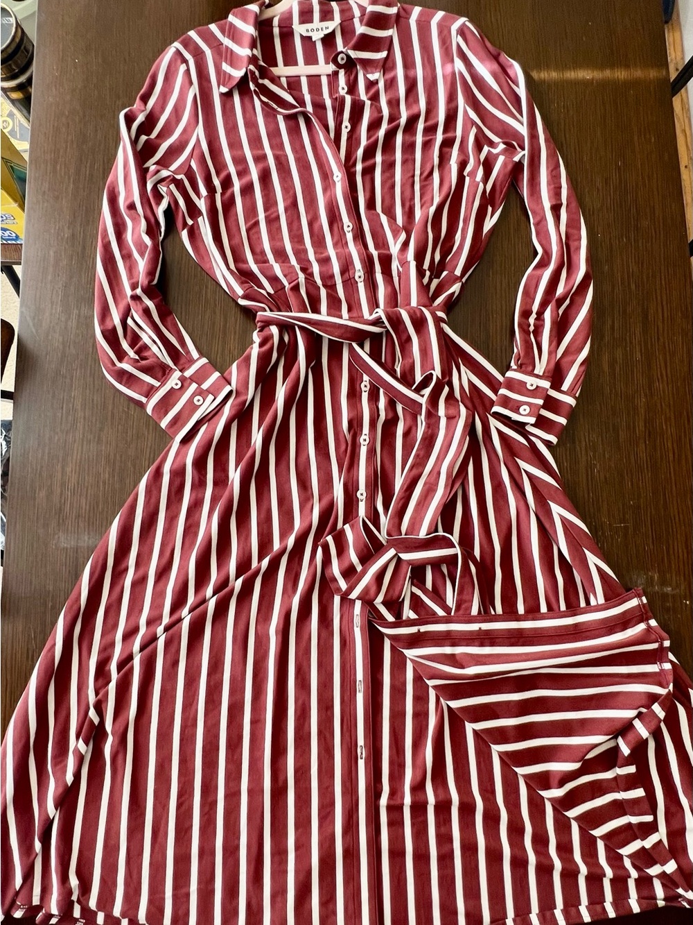 Boden sz12 Marcia Jersey Shirt Dress Burnt Orange Ivory Stripe Belted Midi Dress - Picture 7 of 7